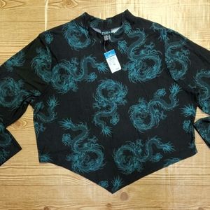 Rue21 Plus Black Long Sleeve Crop Top with Green Dragon Size 4